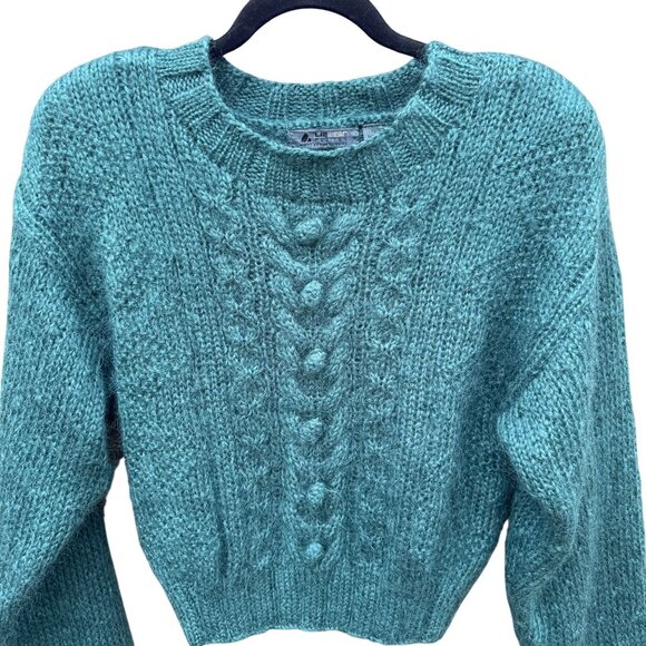 Lizwear Vintage 80s 90s Hand-Knitted Teal Wool Blend Cable‎ Knit Crop Sweater SP - Picture 3 of 11